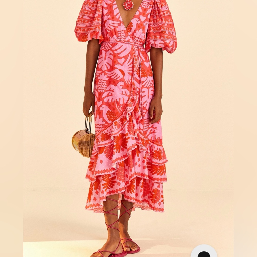 FARM RIO Red Jungle Scarf Wrap Midi Dress XS